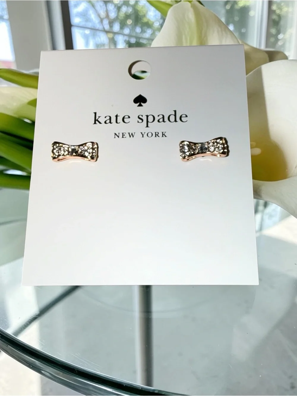 Kate Spade New York "Ready Set Bow" Pavé Bow Stud Earrings. - Picture 2 of 4
